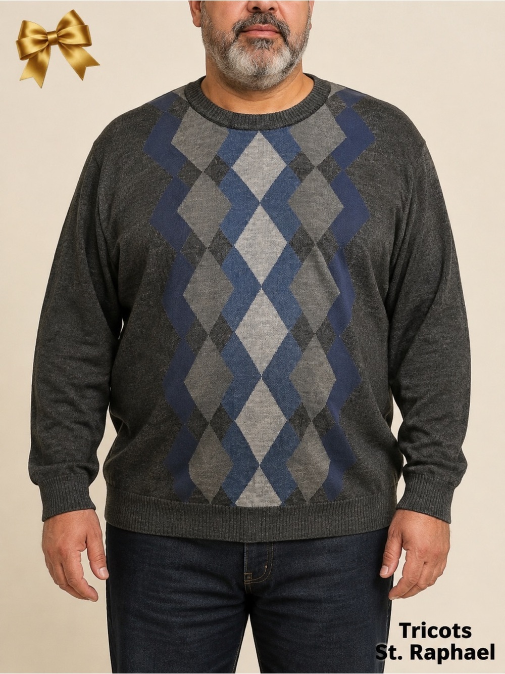 Tricots St. Raphaël Men’s Argyle Crewneck Sweater Gray Blue Size XXL